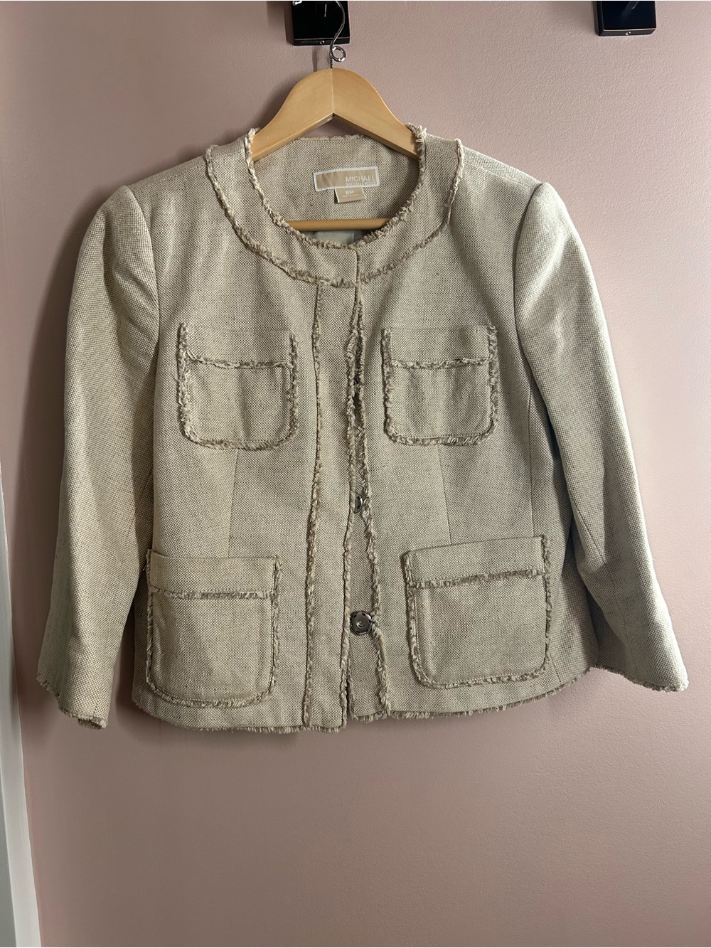 Michael Kors Cream Fringe-Trim Tweed Pocket Jacket